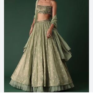 KALKI Pale Olive Green Printed Lehenga and Blouse Set In Banarasi Silk